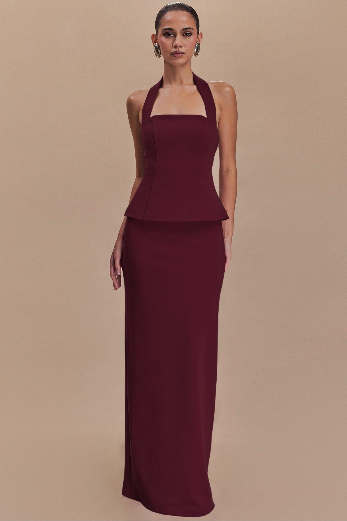 Square Neck Halter Peplum Top Column Maxi Skirt Set