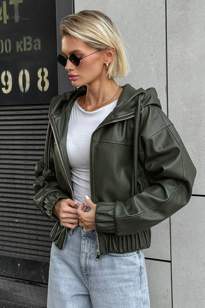 Black Faux Leather Hooded Loose Streetwear Jacket