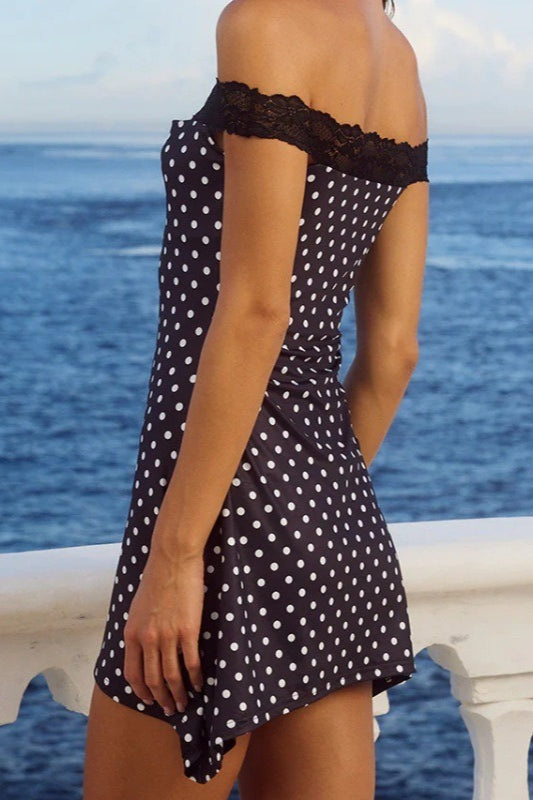 Polka Dot Off-the-Shoulder Lace Trim Bodycon Mini Dress