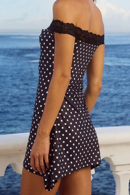 Polka Dot Off-the-Shoulder Lace Trim Bodycon Mini Dress