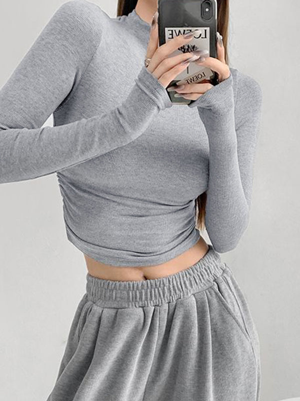 Solid Mock Neck Shirred Slim Long Sleeve Knit