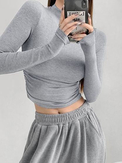 Solid Mock Neck Shirred Slim Long Sleeve Knit