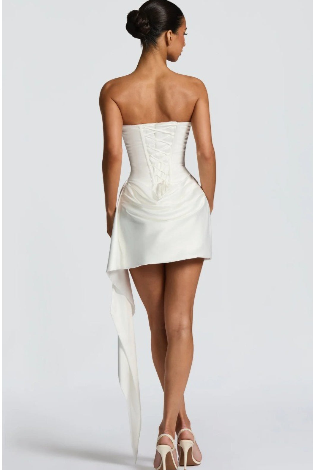 Strapless Corset Cowl Neck Ruched Skirt Side Sash Mini Dress