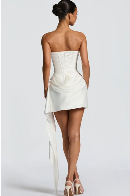 Strapless Corset Cowl Neck Ruched Skirt Side Sash Mini Dress