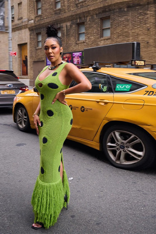 Crochet Polka Dot V-Neck Keyhole Fringe Hem Sleeveless Maxi Dress