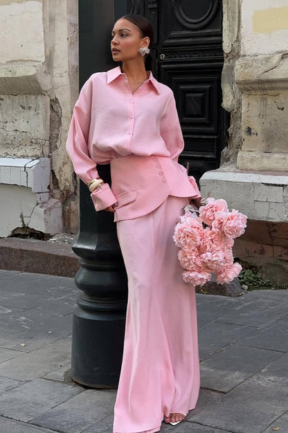 | Solid Long Sleeve Shirtdress Two Piece Set