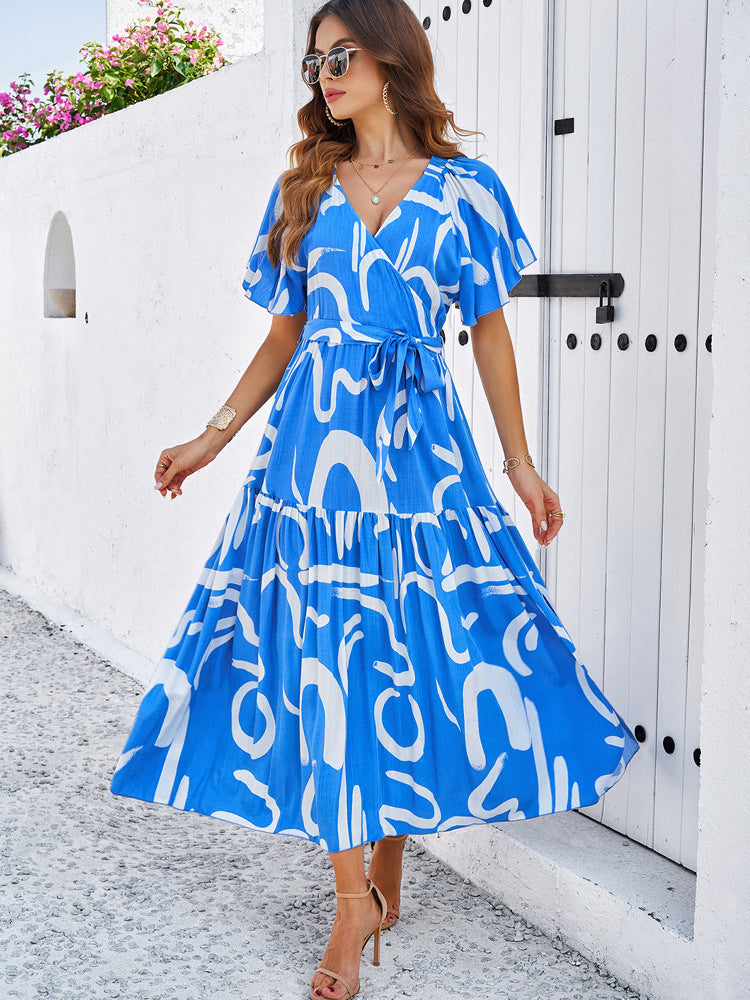 Wrap Dress Tiered Printed Belted V-Neck Short Sleeves Summer Midi Dresses