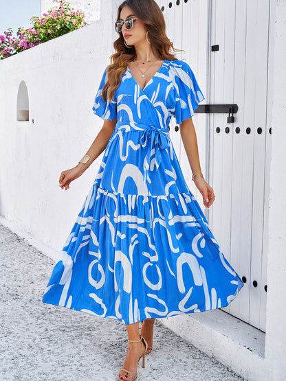 Wrap Dress Tiered Printed Belted V-Neck Short Sleeves Summer Midi Dresses