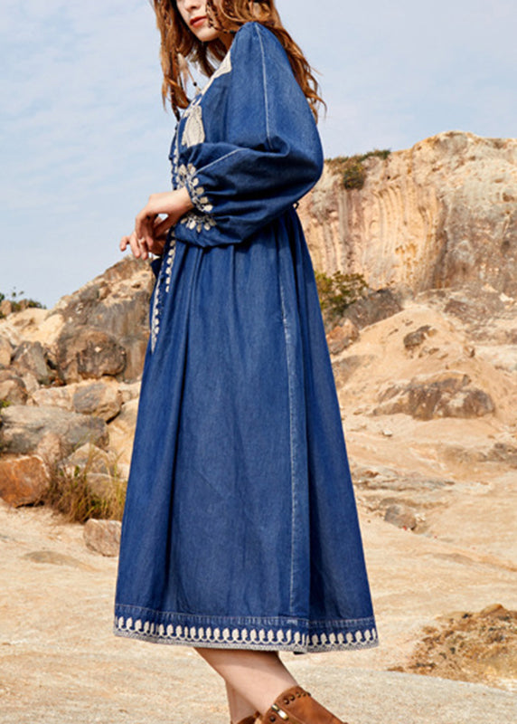 Women Navy V Neck Embroidered Patchwork Denim Maxi Dresses Spring