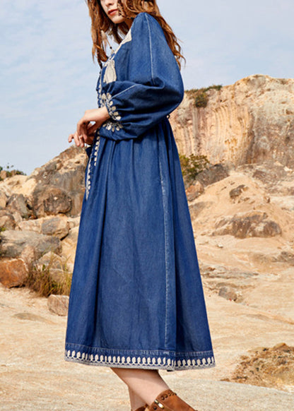 Women Navy V Neck Embroidered Patchwork Denim Maxi Dresses Spring