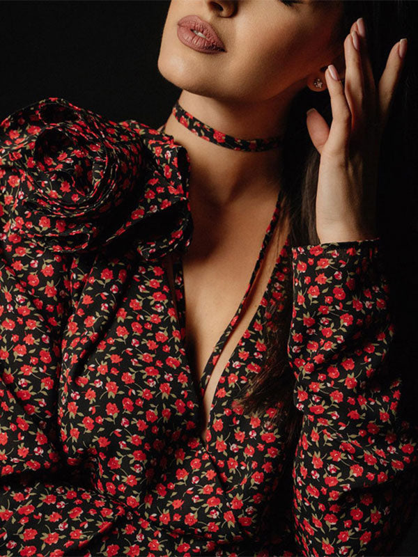 Floral Dress Bloosm Plunge High Slit Long Sleeves Busniess Casual Maxi Dresses