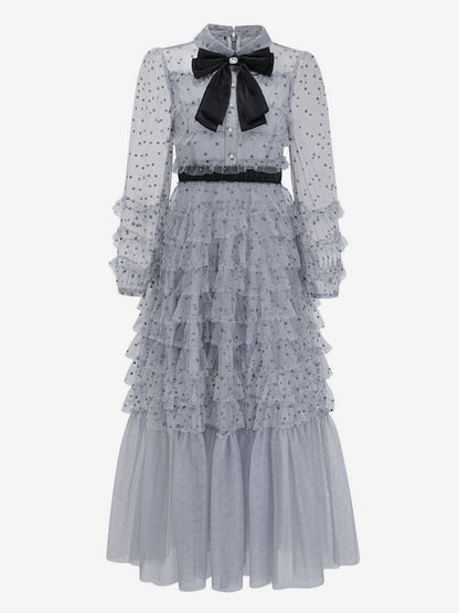 Black Layering Dress High Collar Bow Tie Polka Dot Party Maxi Dresses