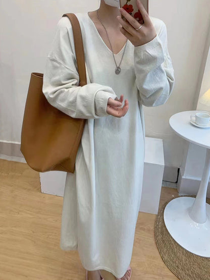 Long Sleeves Loose Solid Color V-Neck Midi Dresses Sweater Dresses