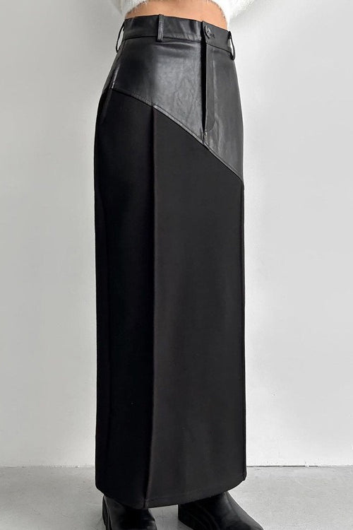 PU Leather Panel High Waist Slit Skirt