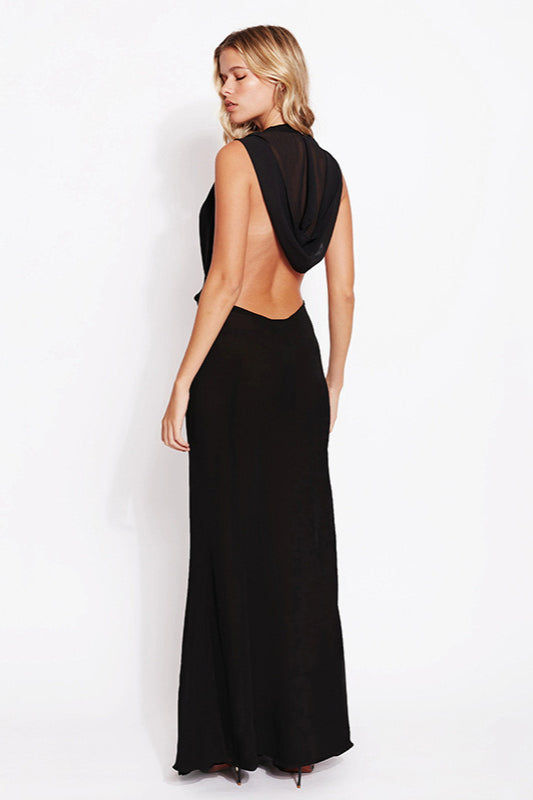 Hooded Deep Cowl Neck Sleeveless Backless Maxi Dress