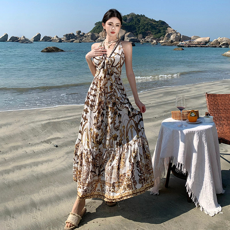 Boho Chic V-Neck Printed Maxi Dress – Elegant Beach Vacation Outfit