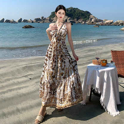 Boho Chic V-Neck Printed Maxi Dress – Elegant Beach Vacation Outfit