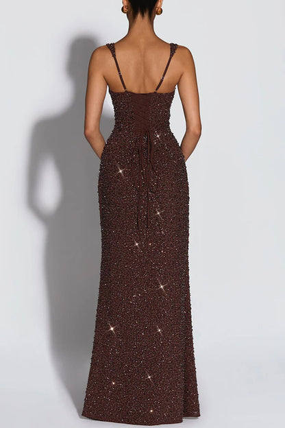 Calanthe Sequin Embellished Chiffon Ruched Square Neck Back Lace-up Maxi Dress