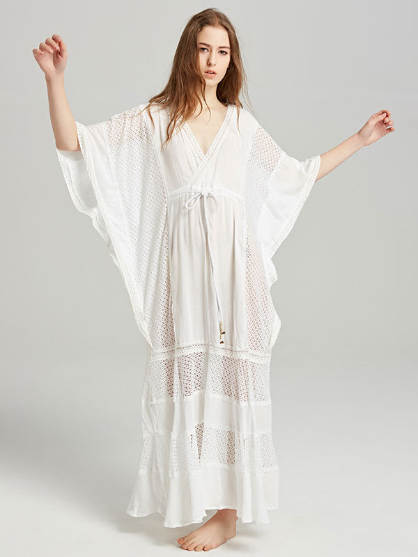 Boho Dress Deep V-Neck White 3/4 Length Sleeves Bohemian Gypsy Beach Vacation Spring Summer Maxi Dress For Women