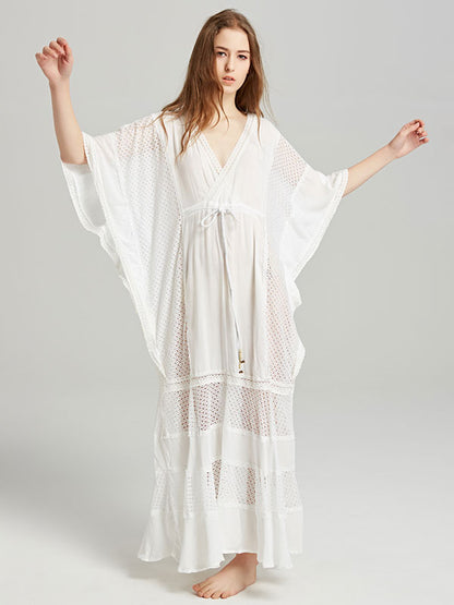 Boho Dress Deep V-Neck White 3/4 Length Sleeves Bohemian Gypsy Beach Vacation Spring Summer Maxi Dress For Women