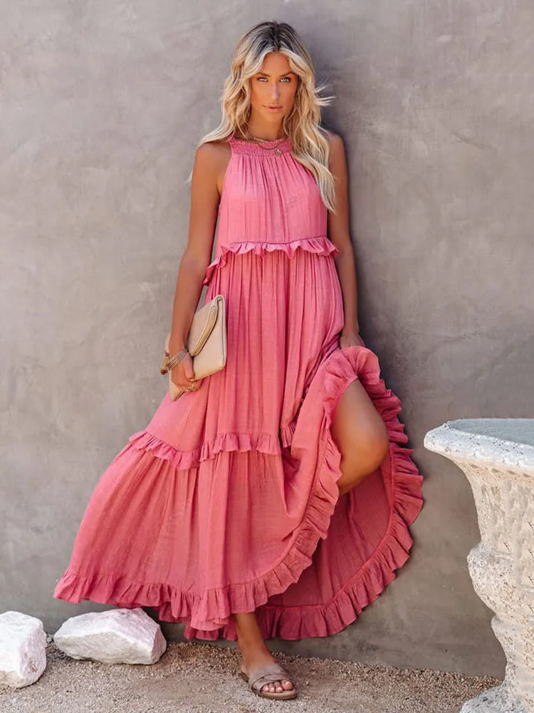 Boho Halter Neck Maxi Shift Dress for Women - Ruffle Tiered Flowy Sun Dress - Summer Beach Vacation 2026