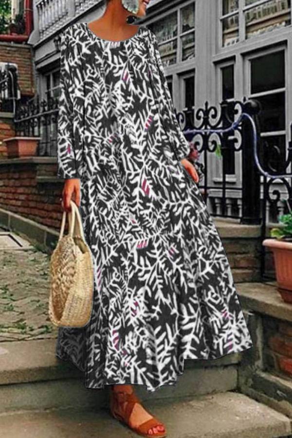 Graphic Leaf Print Scoop Neck Long Sleeve Flowy Maxi Dress
