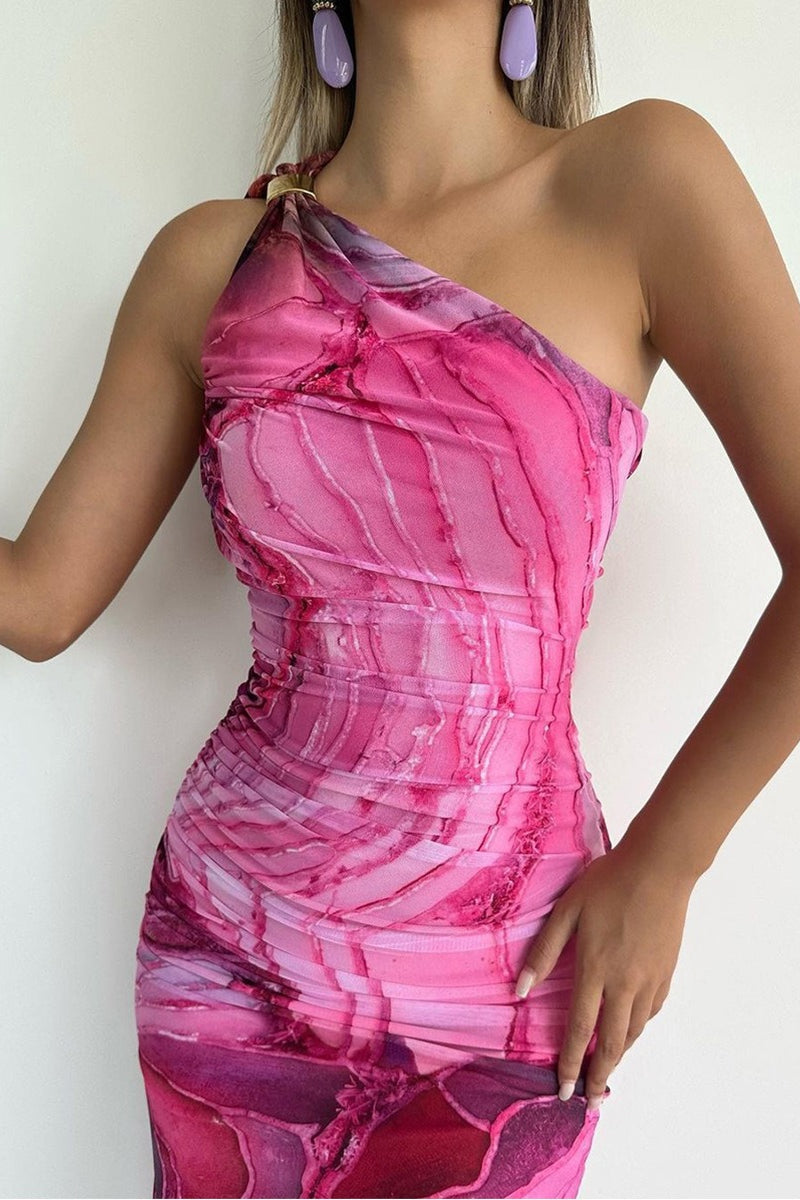One Shoulder Ruched Abstract Marble Print Bodycon Maxi Dress