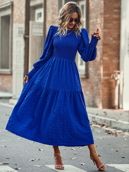 Pleated Midi Dress Lantern Sleeves Cuffs Layering Day Dresses