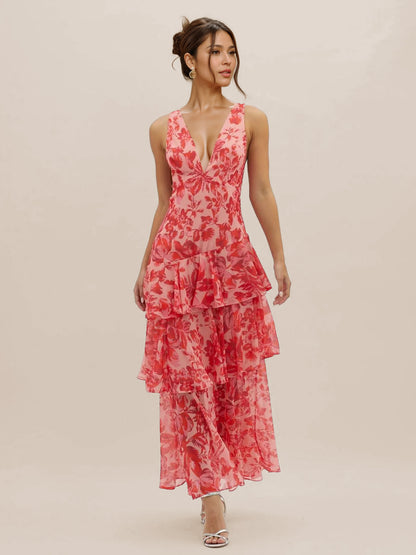 Floral Printed Layered Ruffle Long Dress With Deep V-Neck And Open Back 2026