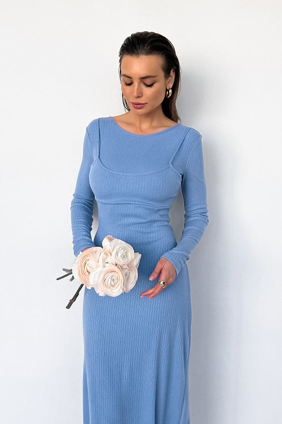 Ribbed Knit Crew Neck Long Sleeve Bodycon Midi Dress