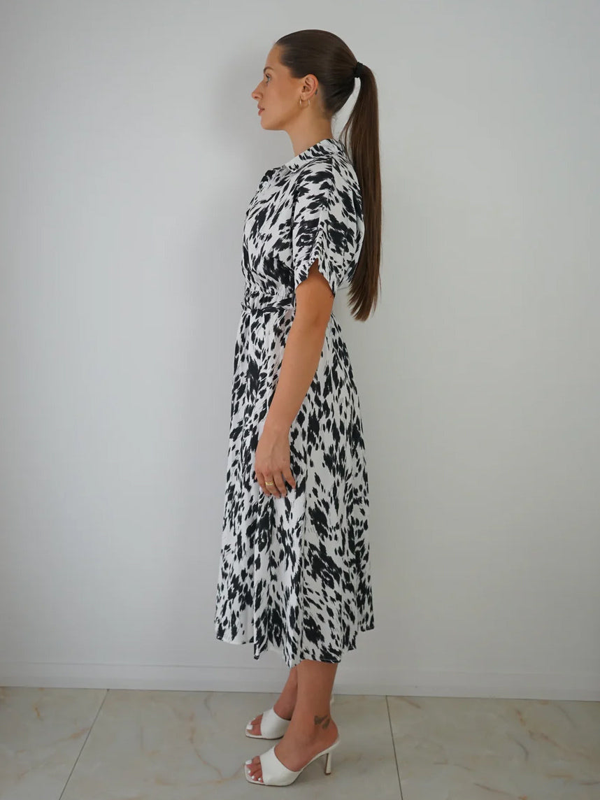 Shirt Dresses Two-Tone Short Sleeves Belted Busniess Casual Midi Dresses