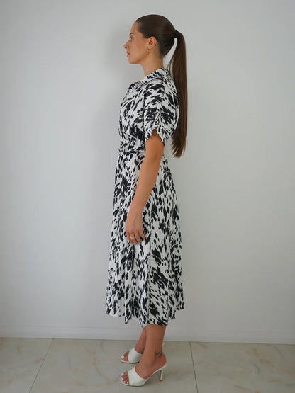 Shirt Dresses Two-Tone Short Sleeves Belted Busniess Casual Midi Dresses