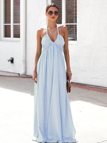 Summer Maxi Dresses Green V-Neck Pleated Beach Dress