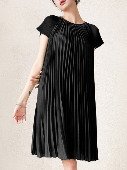 Urban Loose Pleated Solid Color Round-Neck Mini Dresses