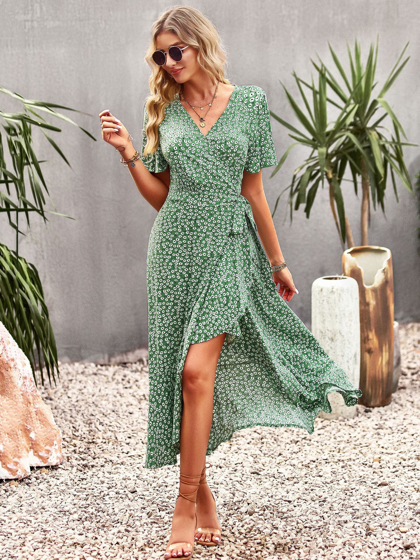 Floral Print Casual V-Neck Short Sleeves Midi Dress