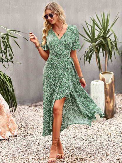 Floral Print Casual V-Neck Short Sleeves Midi Dress
