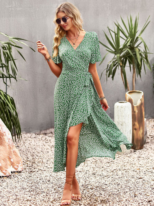 Floral Print Casual V-Neck Short Sleeves Midi Dress