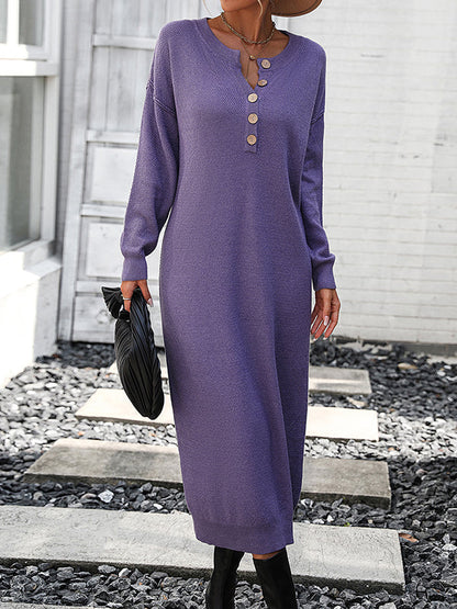 Long Sleeves Loose Buttoned Split-Joint Round-Neck Midi Dresses Sweater Dresses