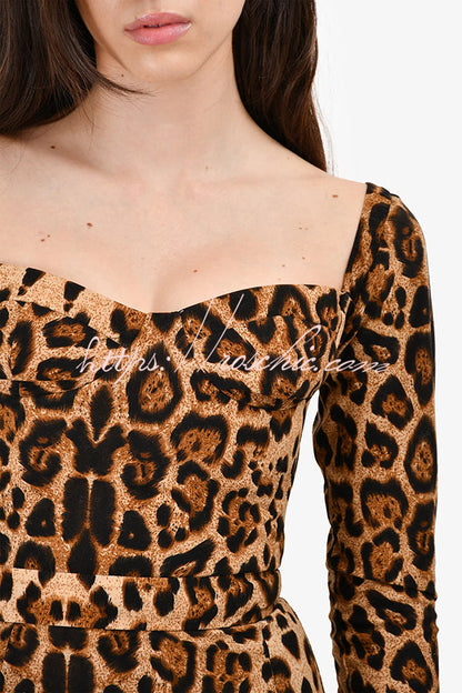 Leopard Print Long Sleeve Sexy Slim Fit Midi Dress