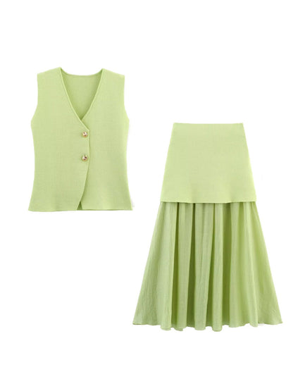 V-neck With Gold Buttons Vest Pleated Skirt 2-piece Sets