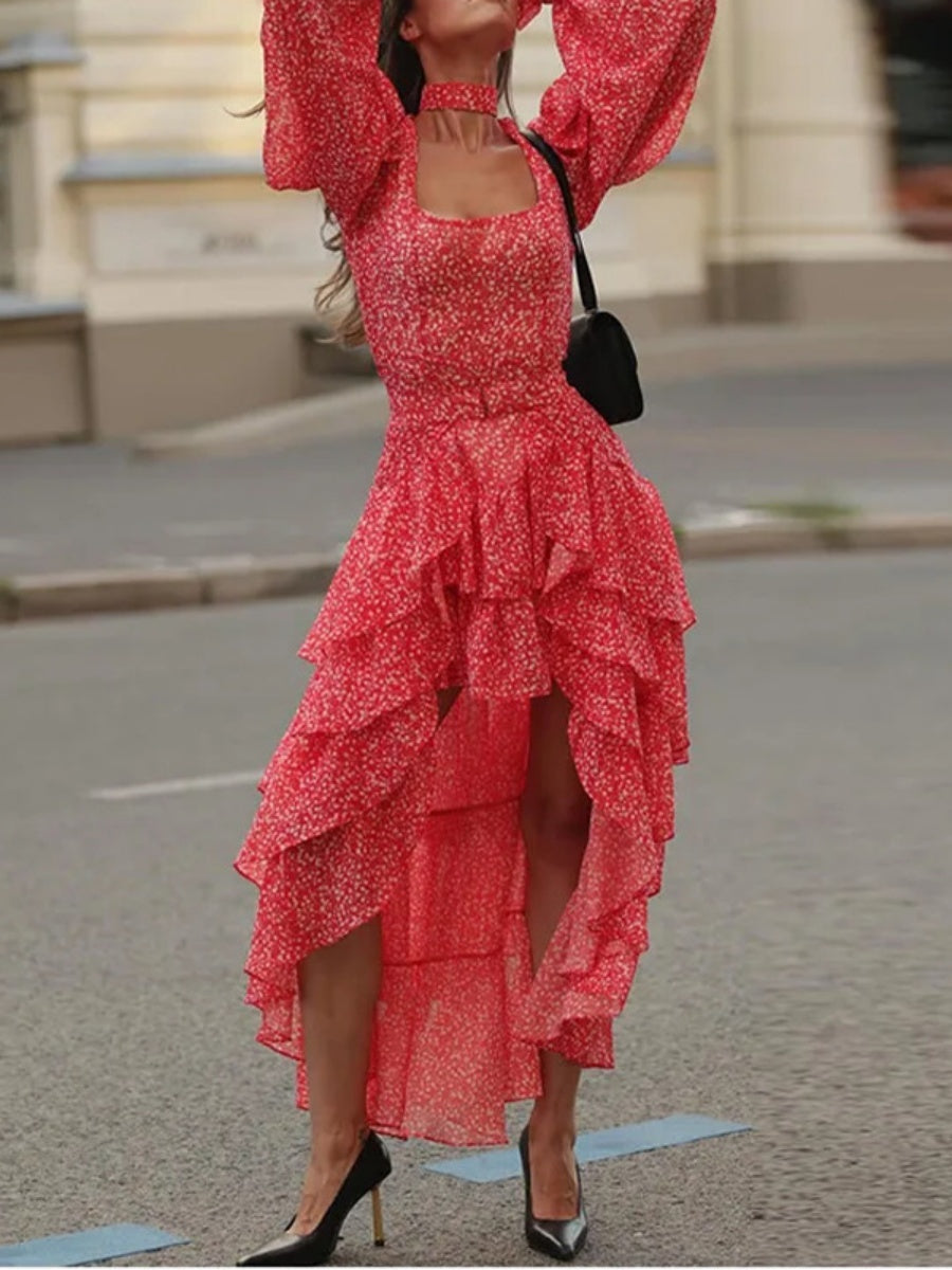 Gathering Floral Print Irregular Hem Temperament Maxi Dresses
