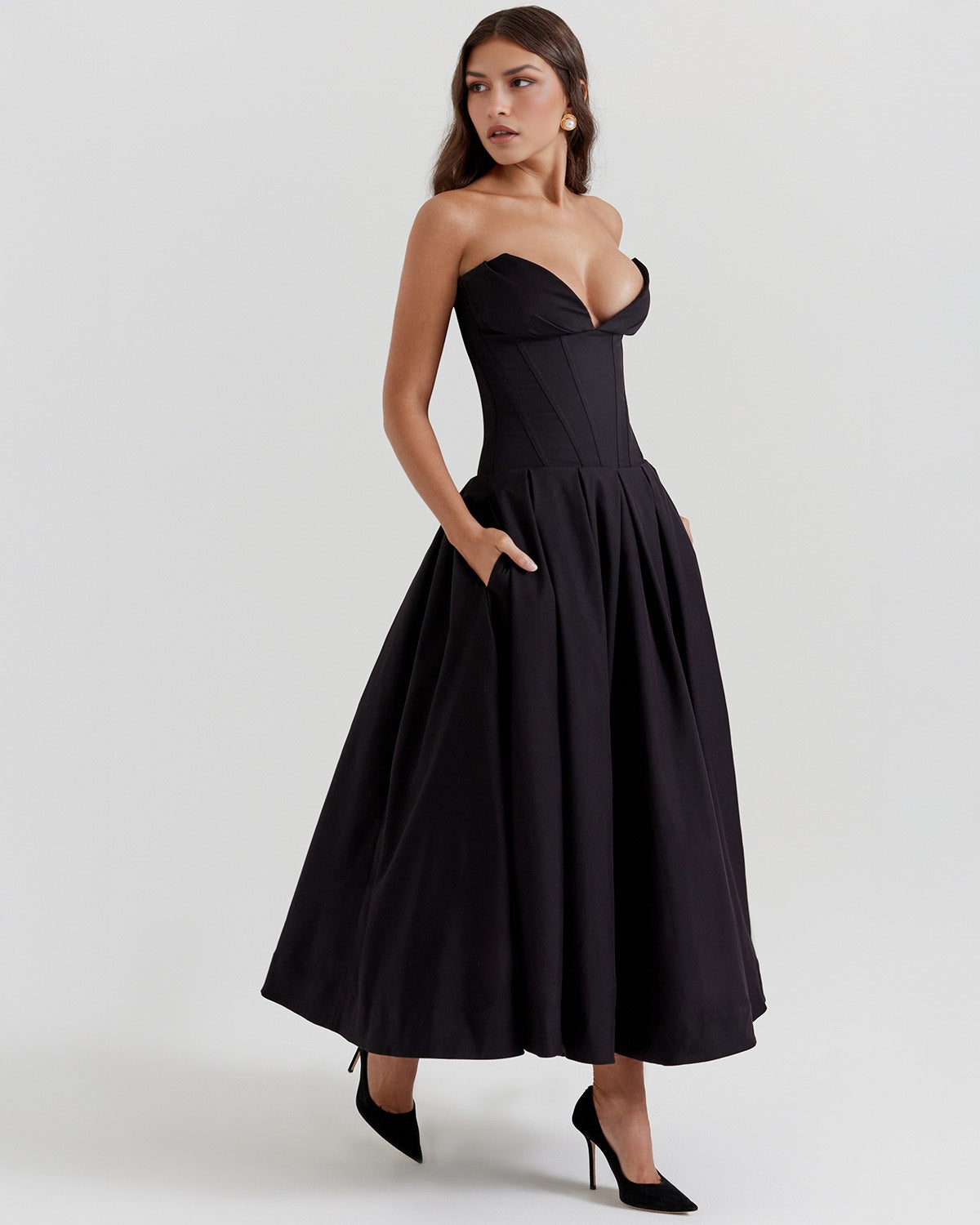 Strapless Pointed Sweetheart Corset Bodice Box Pleat A-Line Midi Dress