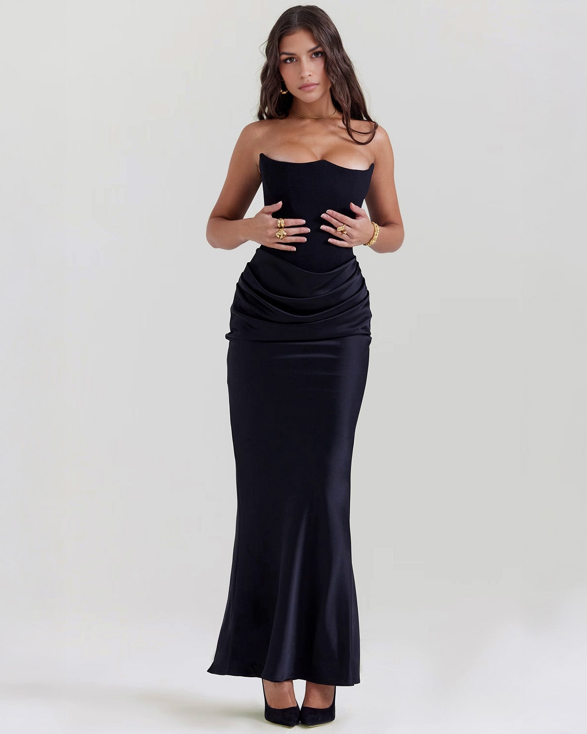 Strapless Pointed Sweetheart Corset Bodice Draped Hip Column Maxi Gown