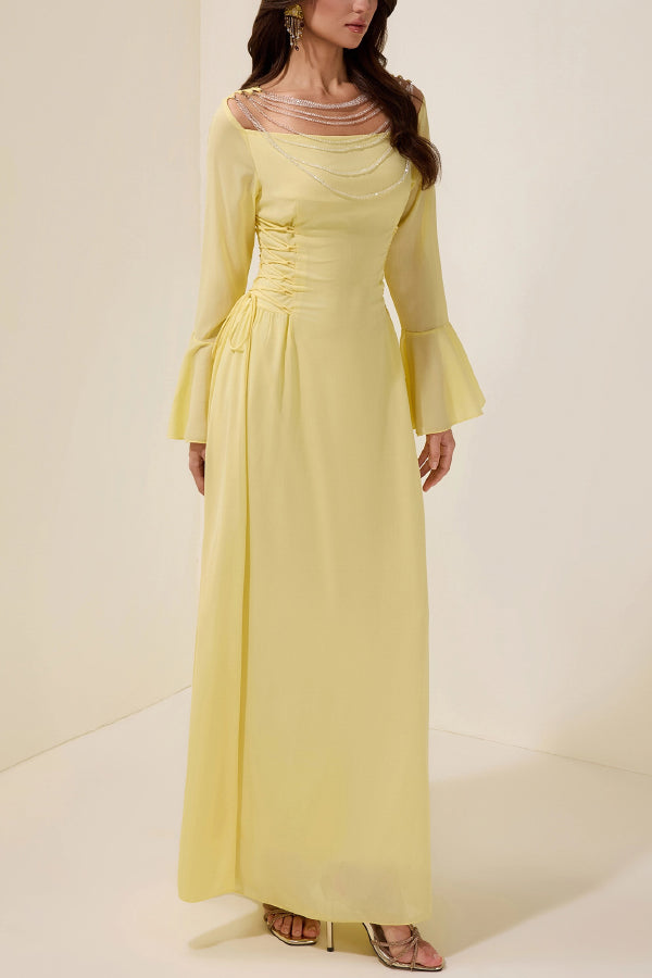 Fashionable Beaded Long-sleeved Square-neck Fitted Waist Tie Maxi Dress