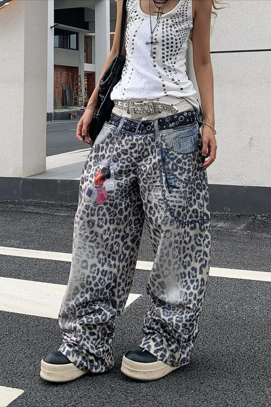 Vintage  Leopard Printed Color Block Straight Leg Jeans