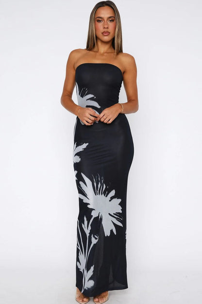 Strapless Floral Graphic Print Bodycon Column Maxi Dress