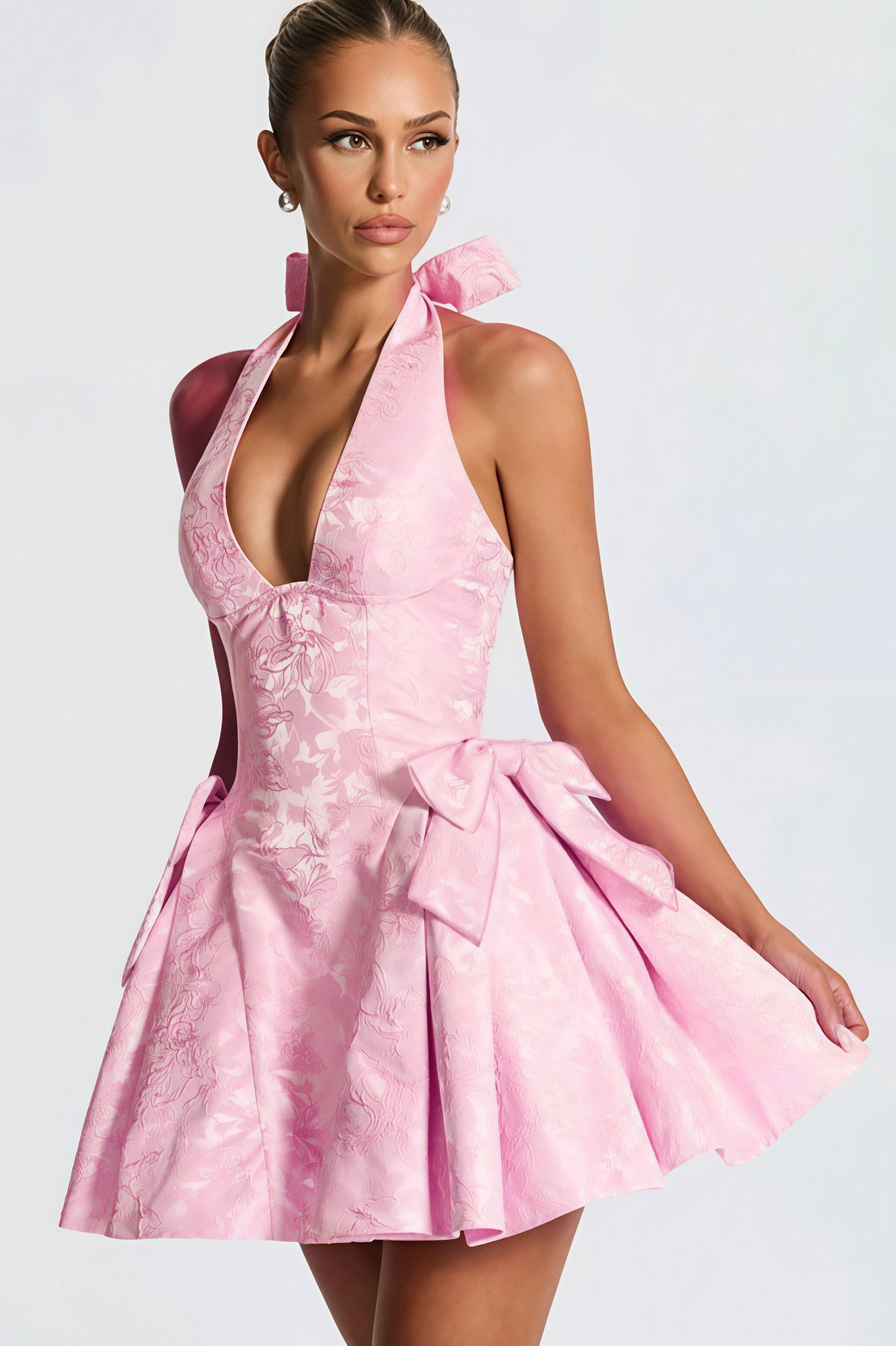 Jacquard Halter Deep V Neck Bow Back Hip Bow Fit and Flare Mini Dress