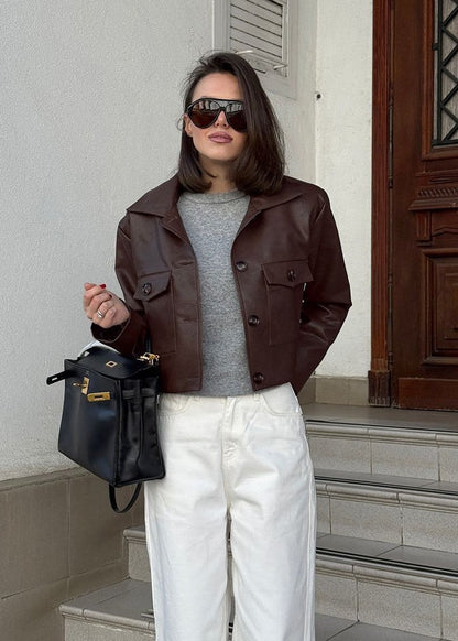 Nora Cropped Faux Leather Jacket – Structured Button-Down with Utility Pockets
