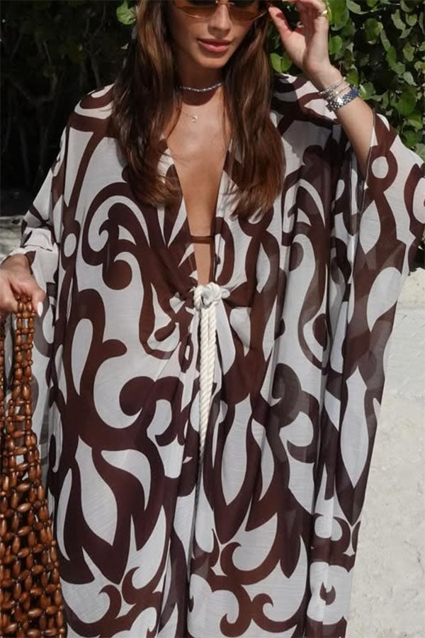 Summer Day Unique Print Rope Knotted Batwing Sleeve Oversized Cover-up Dress