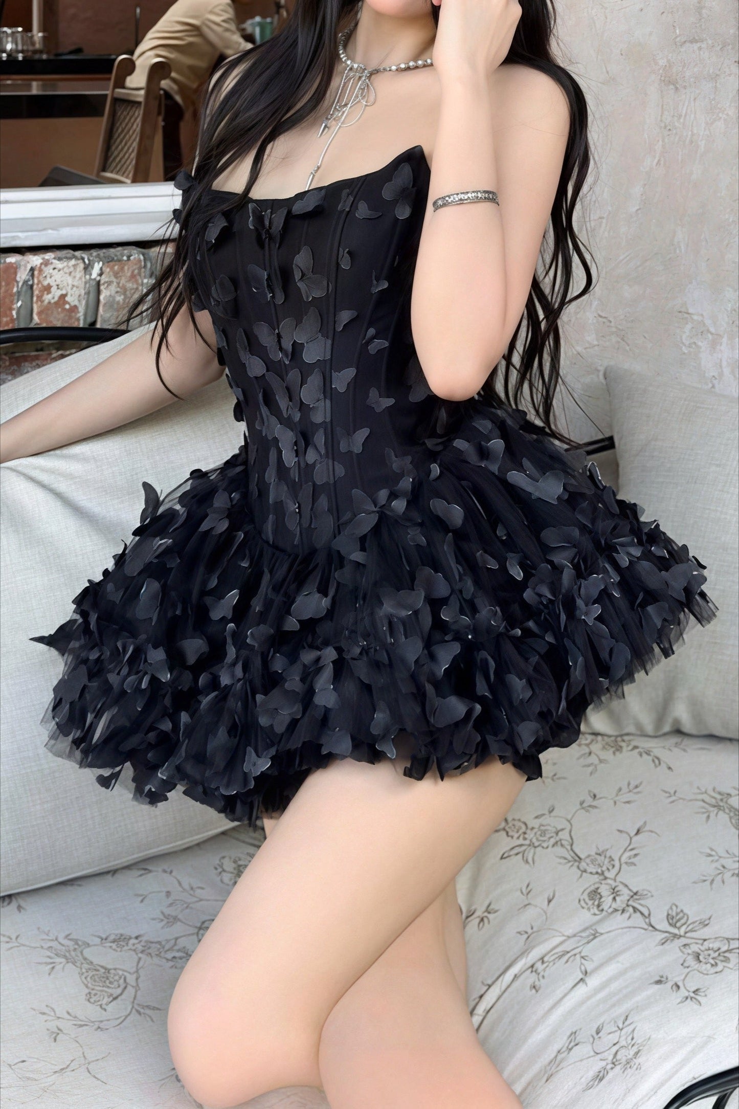 Strapless Corset Bodice 3D Butterfly Applique Ruffle Tiered Mini Dress